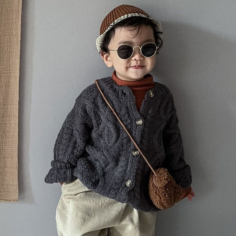 Retro Chunky Fisherman Cable Knit Crewneck Drop Shoulder Kids Button Front Cardigan