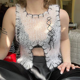 Retro Contrast Lace Up Bow Tie Front Slit Crochet Ripped Knit Crop Tank Top