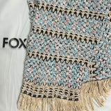 Retro Blue Diagonal Striped Pattern Fringe Trim Boucle Knit Poncho Sweater