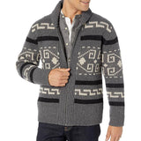 Retro Nordic Fair Isle Ribbed Knit Shawl Collar Winter Men Zip Up Cardigan