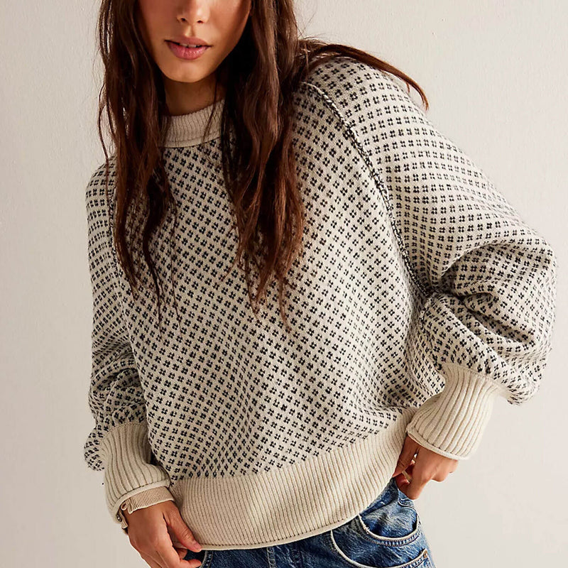 Retro Oversized Inside Out Crew Neck Raglan Sleeve Jacquard Knit Sweater