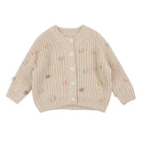 Retro Pom Pom Detail Crew Neck Drop Shoulder Brioche Rib Girls Cardigan