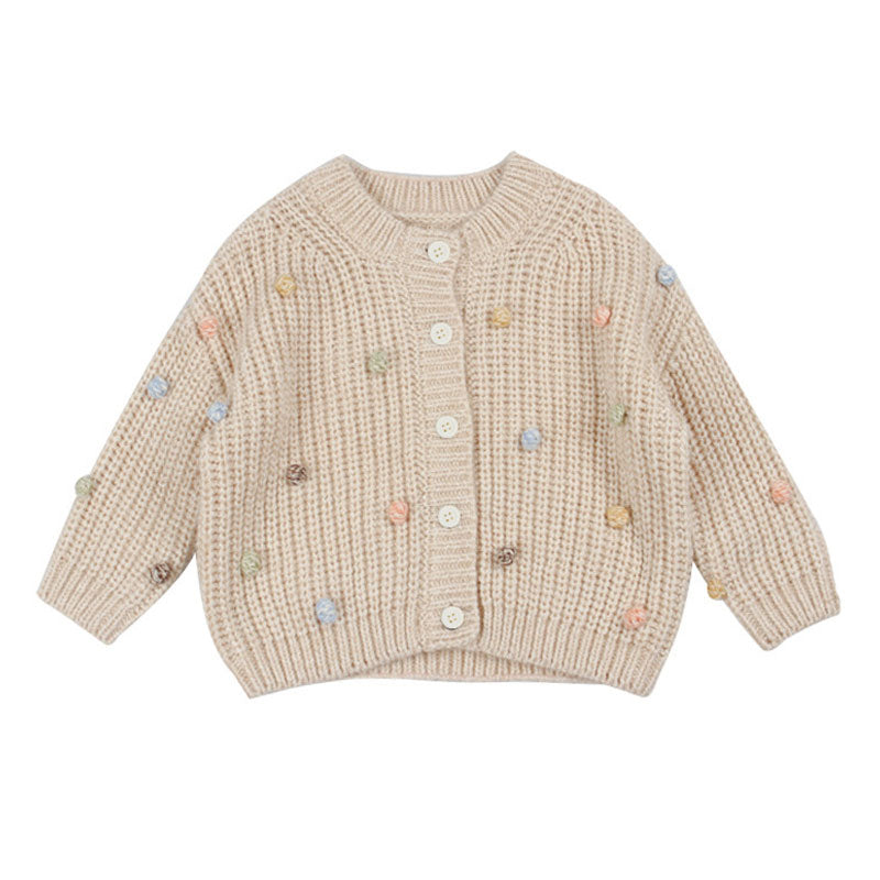 Retro Pom Pom Detail Crew Neck Drop Shoulder Brioche Rib Girls Cardigan