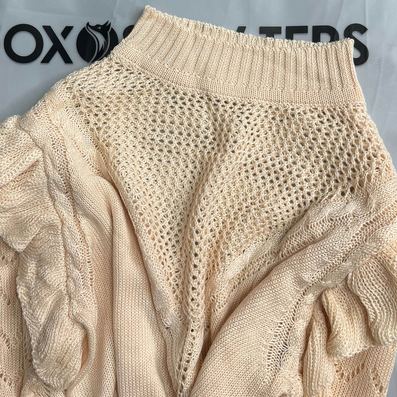 Romantic Frill Puff Sleeve Crew Neck Khaki Pointelle Open Knit Cropped Sweater