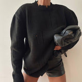 Rugged Frayed Crew Neck Drop Shoulder Long Sleeve Oversized Ripped Knit Sweater