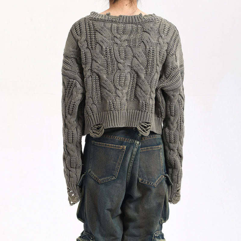 Grunge Oversize Long Sleeve Cutout Cable Knit Crop Ripped Sweater