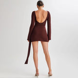 Sexy Backless Bell Sleeve Draped Ruched Bodycon Knit Mini Dress