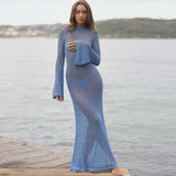 Sexy Boat Neck Bell Sleeve Fishtail Sheer Crochet Knit Cover Up Maxi Dress