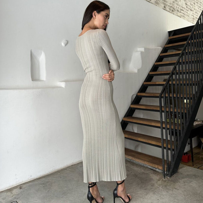 Sexy Crew Neck Long Sleeve Ribbed Knit Bodycon Sweater Maxi Dress