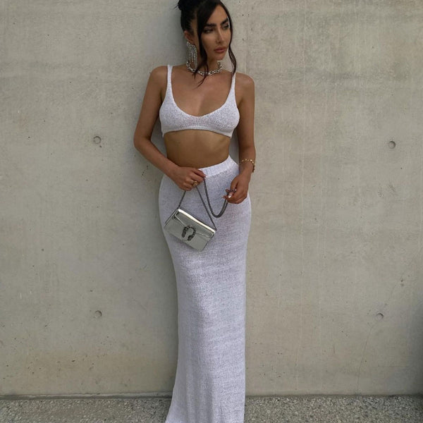 Sexy Crop Knit Bra Top and High Waist Maxi Knit Skirt Matching Set