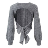 Sexy Cut Out Back Bow Tie Crew Neck Bishop Sleeve Cropped Cable Knit Sweater