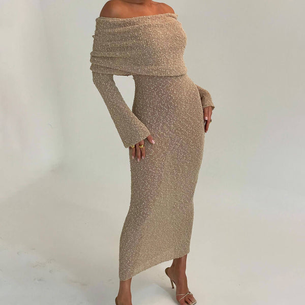 Sexy Draped Off The Shoulder Sheer Popcorn Boucle Knit Sweater Maxi Dress