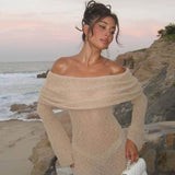 Sexy Draped Off The Shoulder Sheer Popcorn Boucle Knit Sweater Maxi Dress