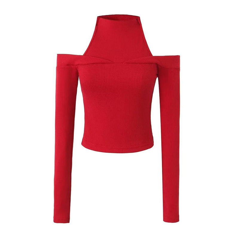 Sexy High Neck Cold Shoulder Long Sleeve Ribbed Knit Pullover Sweater