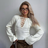 Sexy Lace Up Plunge V Neck Bell Sleeve Ribbed Knit Slim Cropped Top