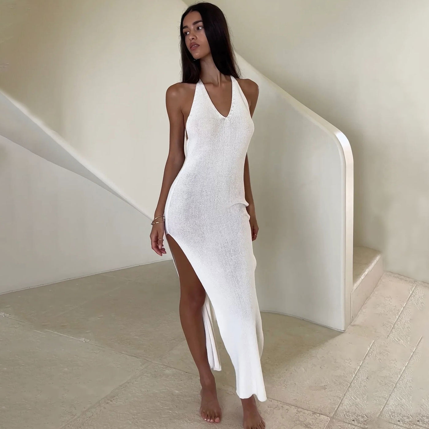 Sexy Plunge Neck Lace Up Backless High Split Ribbed Knit Maxi Dress White M