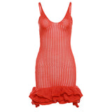 Sexy Sheer Open Knit Deep V Neck Spaghetti Strap Layered Ruffle Mini Slip Knit Dress