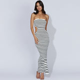 Sexy Stripe Strapless Cutout Waist Split Bodycon Rib Knit Maxi Sweater Dress