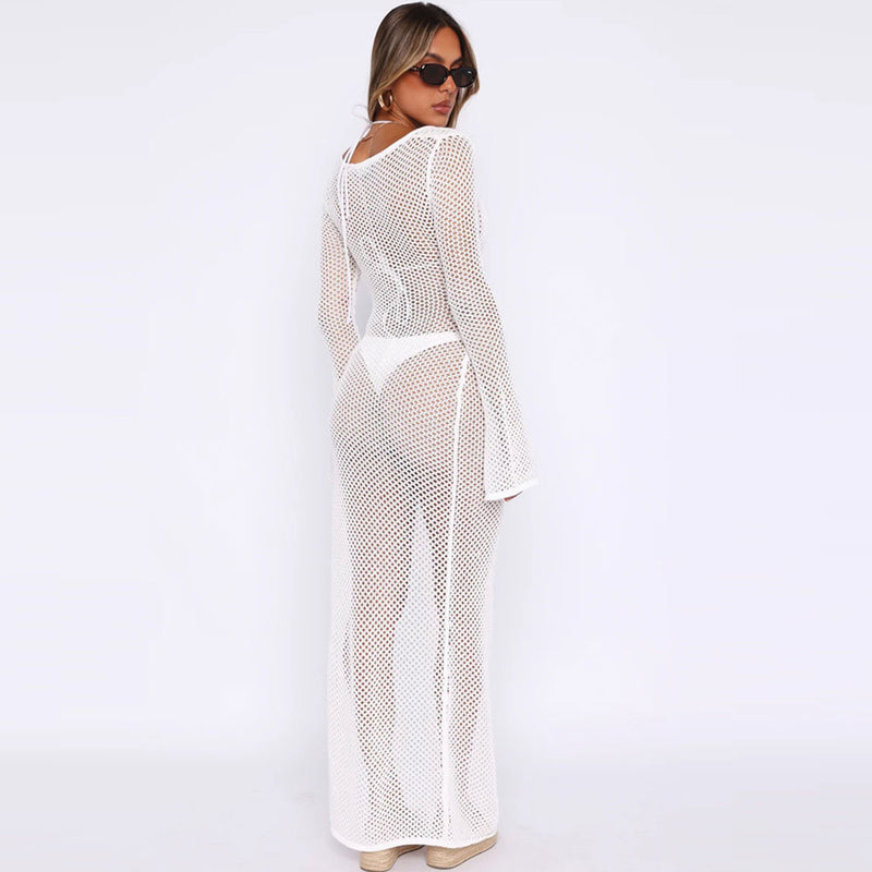 Sexy Tie Neck Cutout Bell Sleeve Split See Through Crochet Knit Maxi Dress