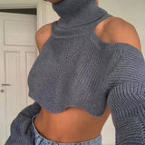 Sexy Turtleneck Cold Shoulder Blouson Sleeve Ribbed Knit Bolero Sweater