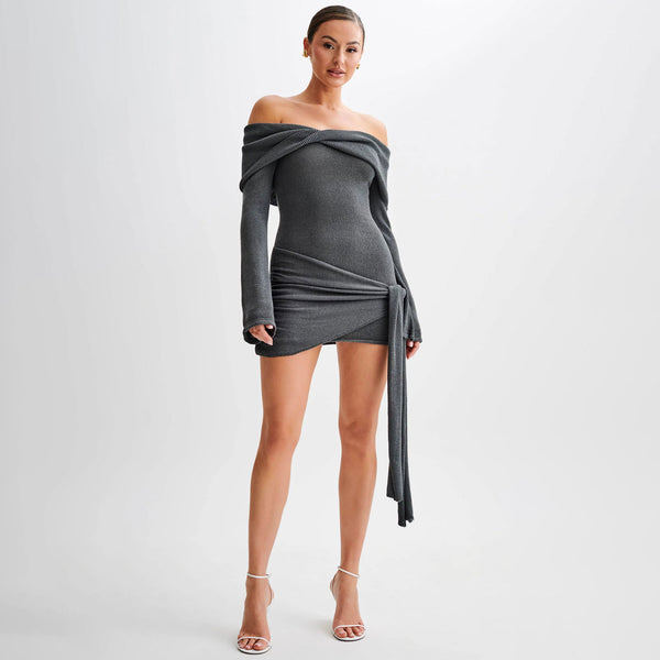 Sexy Twisted Folded Off Shoulder Tie Knot Bodycon Mini Sweater Dress