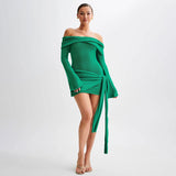 Sexy Twisted Folded Off Shoulder Tie Knot Bodycon Mini Sweater Dress