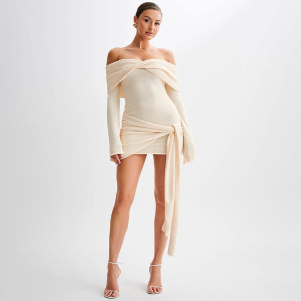 Sexy Twisted Folded Off Shoulder Tie Knot Bodycon Mini Sweater Dress