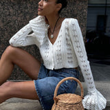 Sexy V Neck Bell Sleeve Button Up Pointelle Ribbed Knit Cropped Cardigan