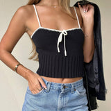 Simple Contrast Trim Spaghetti Strap Bow Tie Chunky Ribbed Knit Crop Tank Top