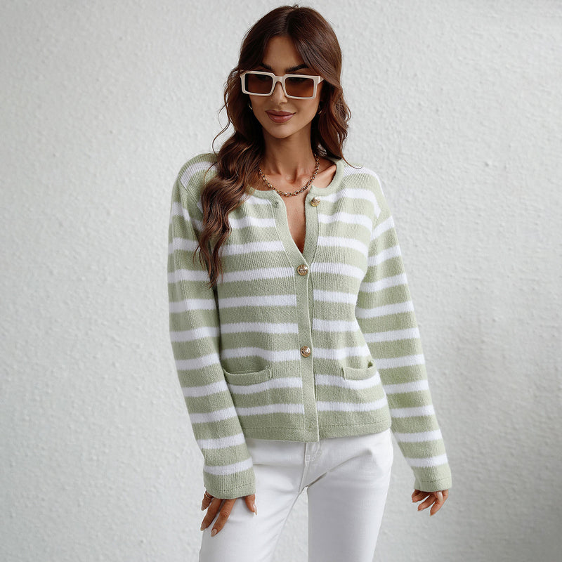 Simple Crew Neck Gold Tone Button Front Long Sleeve Striped Knit Cardigan