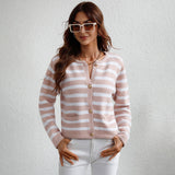 Simple Crew Neck Gold Tone Button Front Long Sleeve Striped Knit Cardigan