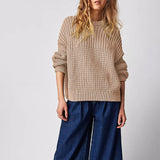 Slouchy Crew Neck Long Sleeve Ribbed Panel Waffle Knit Oversized Sweater