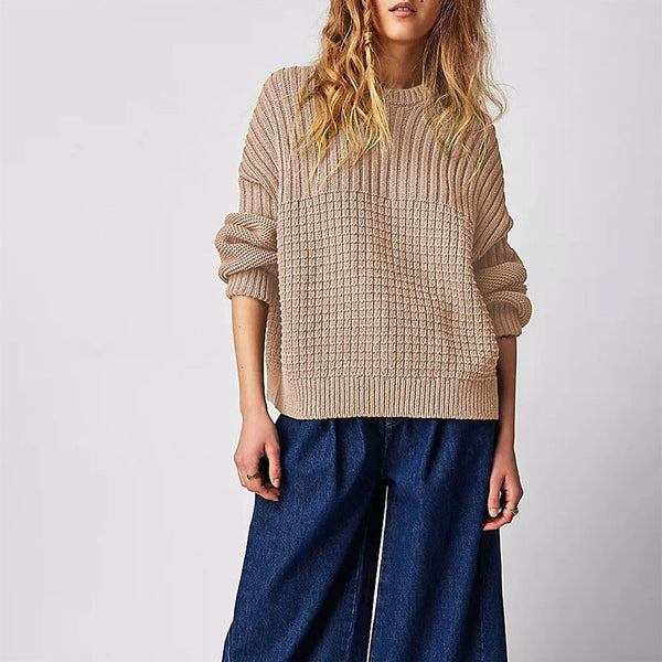 Slouchy Crew Neck Long Sleeve Ribbed Panel Waffle Knit Oversized Sweater