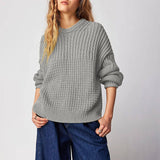 Slouchy Crew Neck Long Sleeve Ribbed Panel Waffle Knit Oversized Sweater