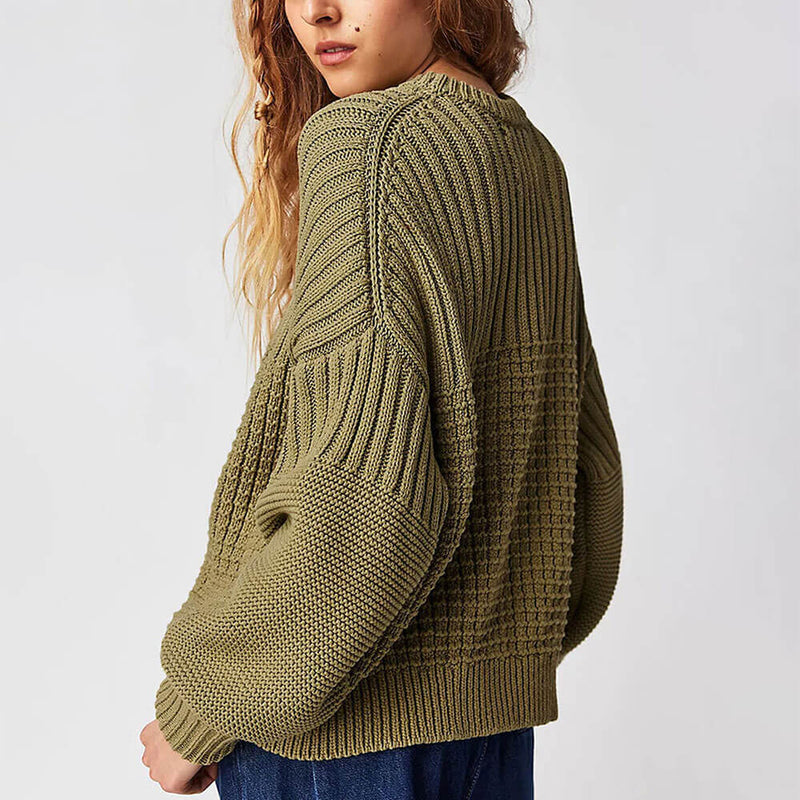 Slouchy Crew Neck Long Sleeve Ribbed Panel Waffle Knit Oversized Sweater