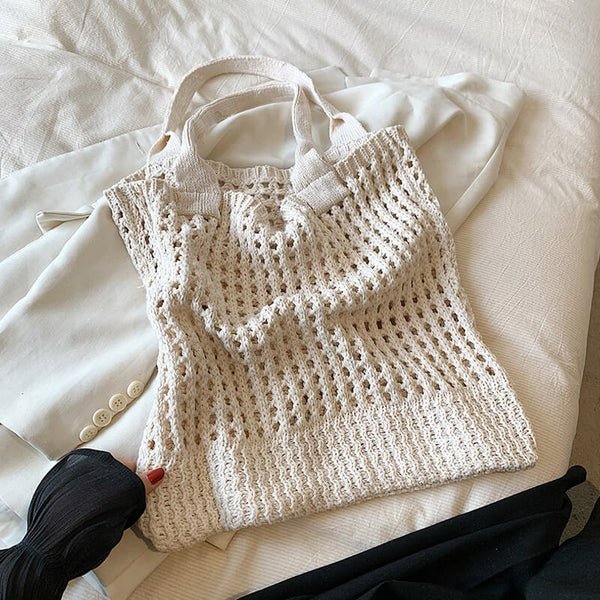 Slouchy Fishnet Openwork Beach Vacation Crochet Knit Tote Bag