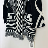 Slouchy Fringe Shawl Neck Tie Up Wool Jacquard Knit Black and White Cardigan