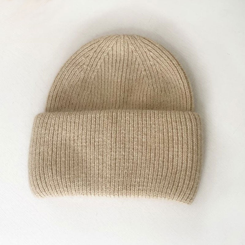 Slouchy Monochrome Ribbed Knit Angora Blend Fold Over Beanie Hat