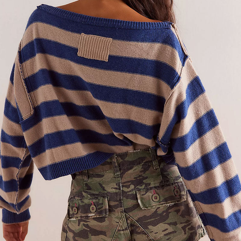 Slouchy Ribbed Knit Boat Neck Contrast Stripe Oversized Cropped Sweater