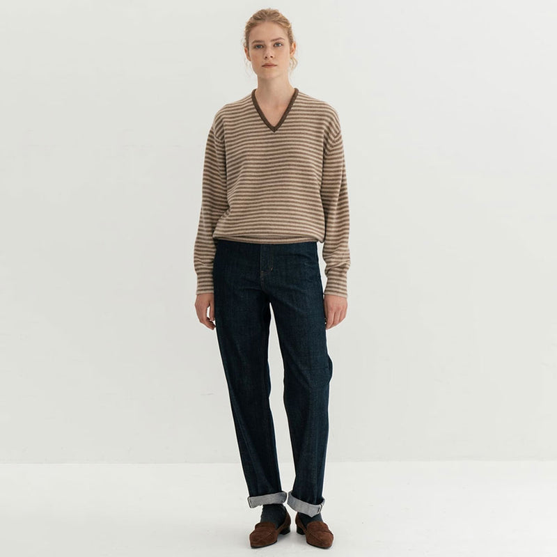 Soft Cashmere Blend Contrast Striped Knit V Neck Long Sleeve Oversized Pullover Sweater