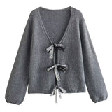 Sparkly Sequin Bow Tie Plunge Neck Long Sleeve Oversized Knit Cardigan