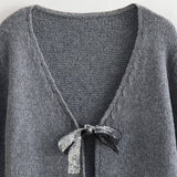 Sparkly Sequin Bow Tie Plunge Neck Long Sleeve Oversized Knit Cardigan