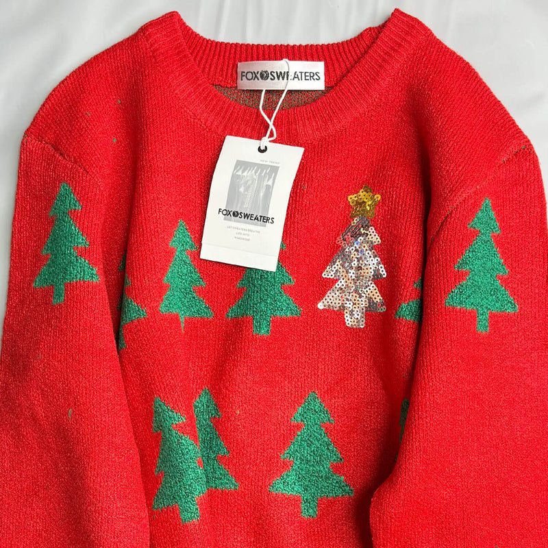 Sparkly Sequin Christmas Tree Print Pullover Holiday Sweater