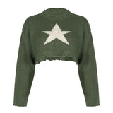 Street Star Jacquard Knit Raw Hem Crew Neck Long Sleeve Crop Oversized Sweater