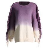 Street Style Gradient Rib Knit Round Neck Tassel Trim Oversized Sweater