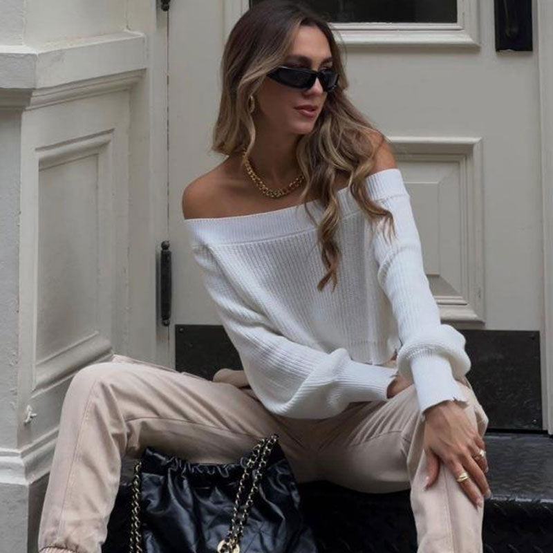 Street Style Off The Shoulder Long Sleeve Ripped Cropped Pullover Knit Sweater