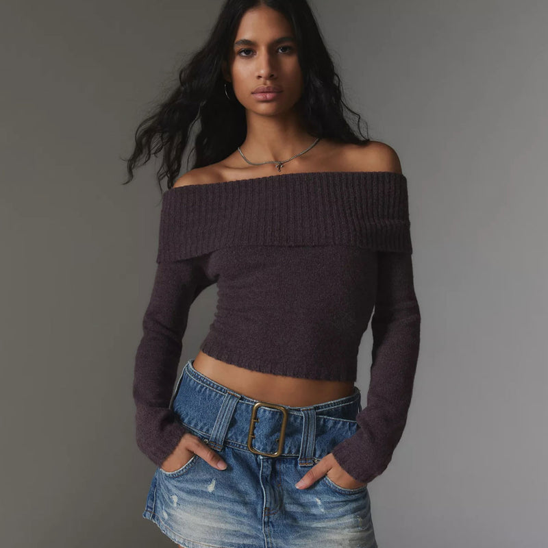 Street Style Ribbed Knit Foldover Off Shoulder Long Sleeve Cropped Pullover Sweater