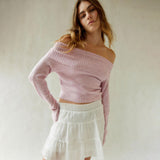 Street Style Ribbed Knit Foldover Off Shoulder Long Sleeve Cropped Pullover Sweater