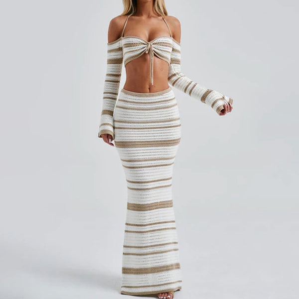 Striped Halter Off Shoulder Crop Knot Top and Open Knit Skirt Matching Set