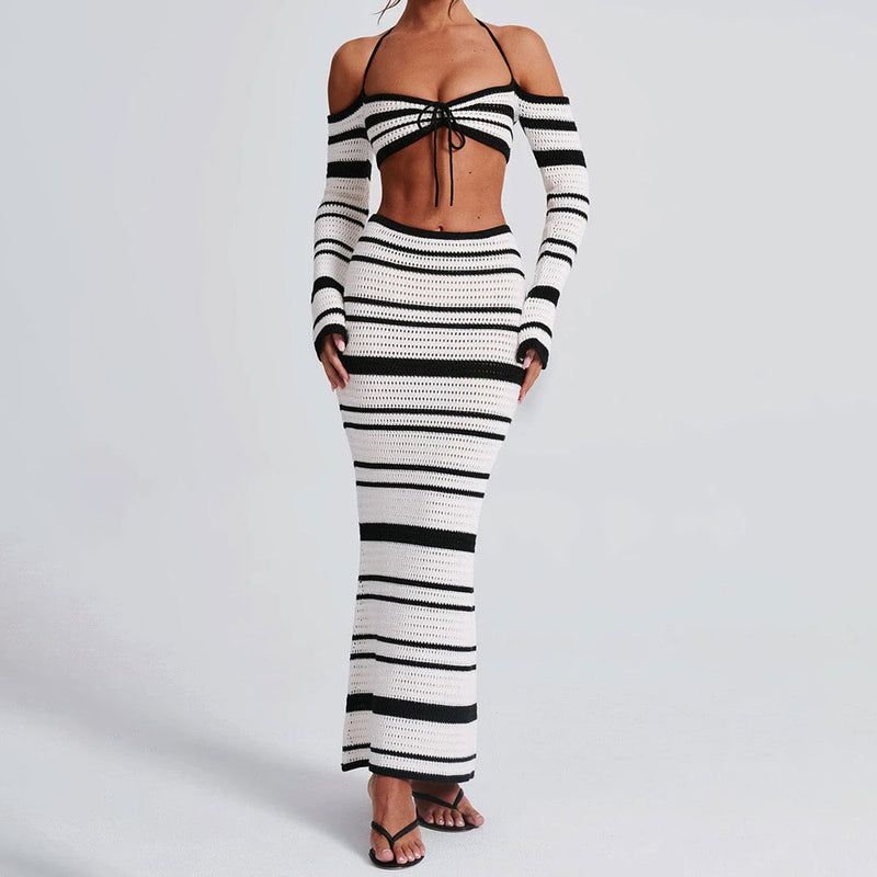 Striped Halter Off Shoulder Crop Knot Top and Open Knit Skirt Matching Set